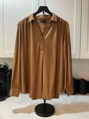 Well Worn Tan Satin-Feel V-Neck Blouse (0028)